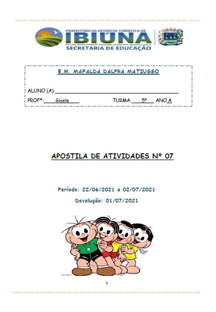 Profª Gisele - 5º Ano A - 7ª Apostila - 21-06-21