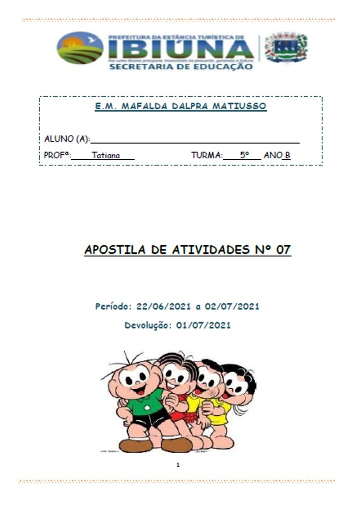 Profª Tatiana - 5º Ano B - 7ª Apostila - 21-06-21