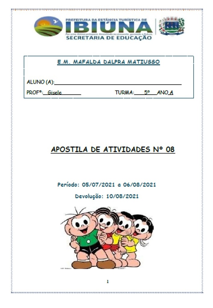 Profª Gisele - 5º Ano A - 8ª Apostila - 26-07-21