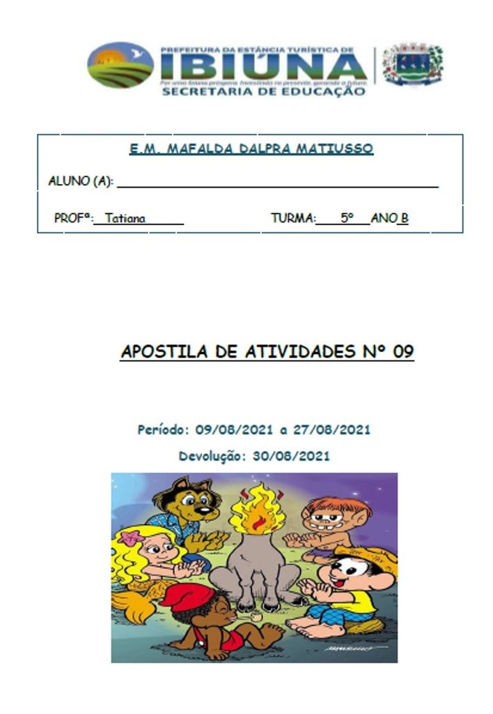 Profª Tatiana - 5º Ano B - 9ª Apostila -10-08-21