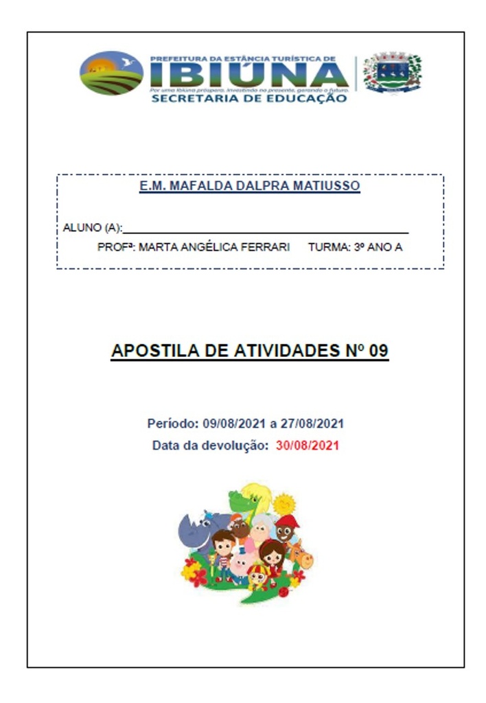 Profª Marta - 3º Ano A - 9ª Apostila - 10-08-21