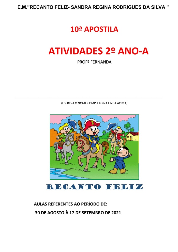 2o Ano-A   Profa Fernanda 10a Apostila  30-08-2021