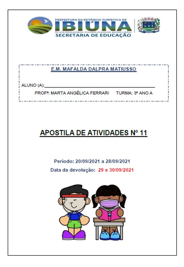Profª Marta - 3º ano A - 11ª Apostila - 20-09-21