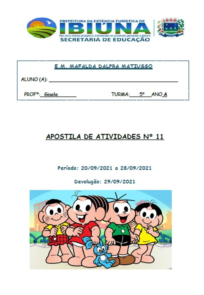 Profª Gisele - 5º ano A - 11ª Apostila - 20-09-21