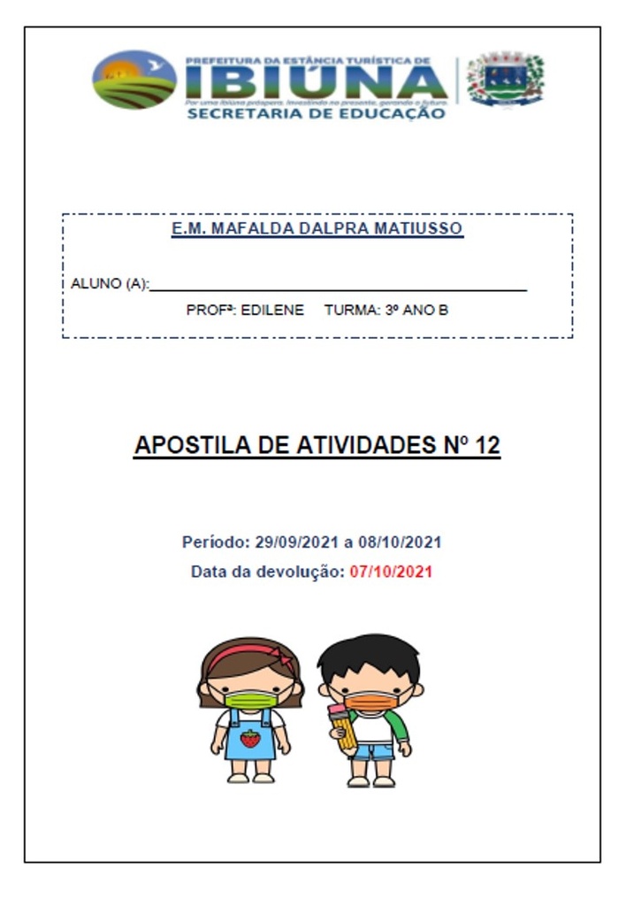 Profª Edilene - 3º Ano B - 12ª Apostila - 30-09-21