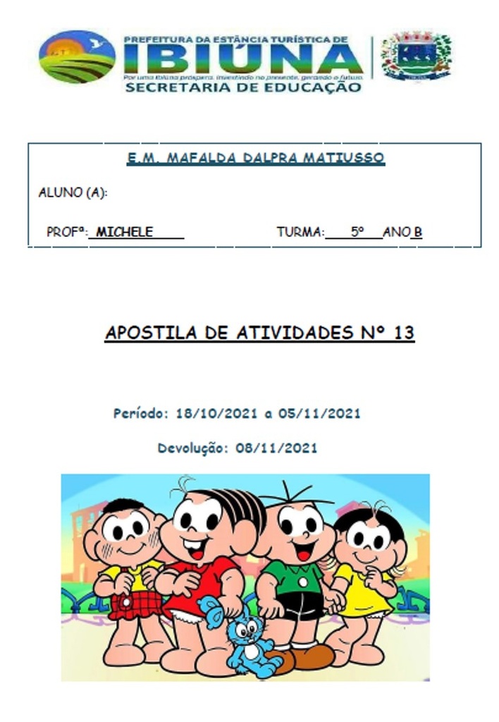 Profª Michele - 5º ano B - 13ª Apostila - 19-10-21