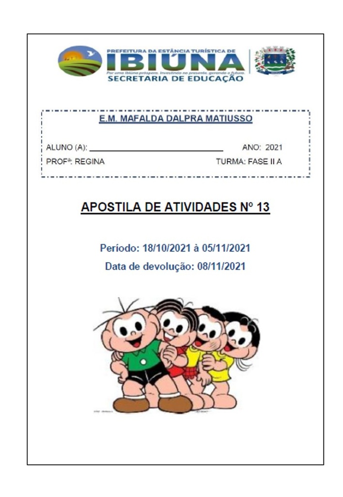 Profª Regiana - Fasse II A - 13ª apostila - 19-10-21
