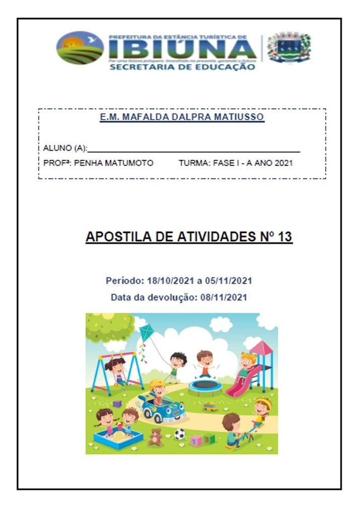 Profª Benedita Penha - Fase I A - 13ª Apostila - 19-10-21