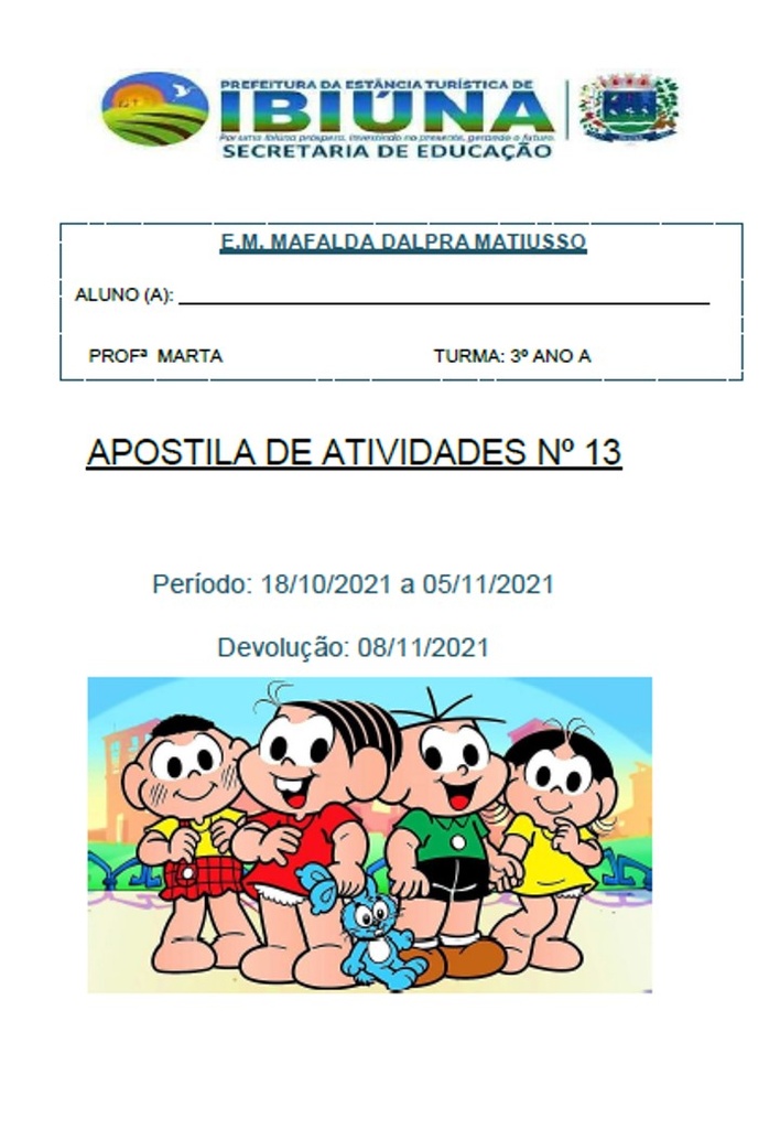 Profª Marta - 3º Ano A - 13ª Apostila - 19-10-21