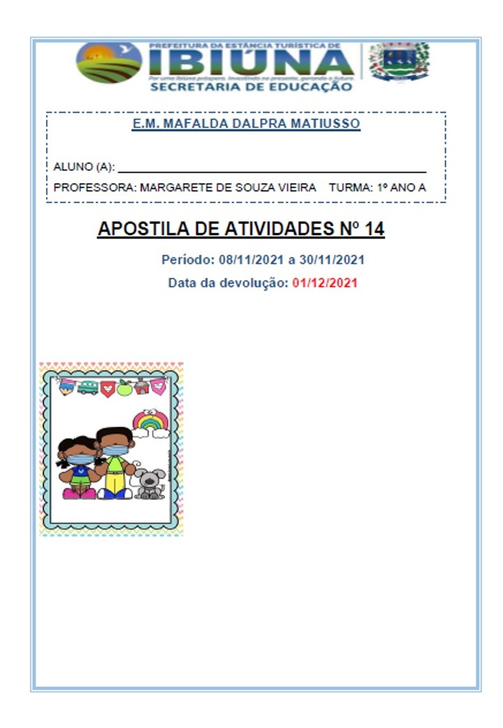 Profª Margarete -  1º Ano A -  14ª Apostila - 08-11-2021