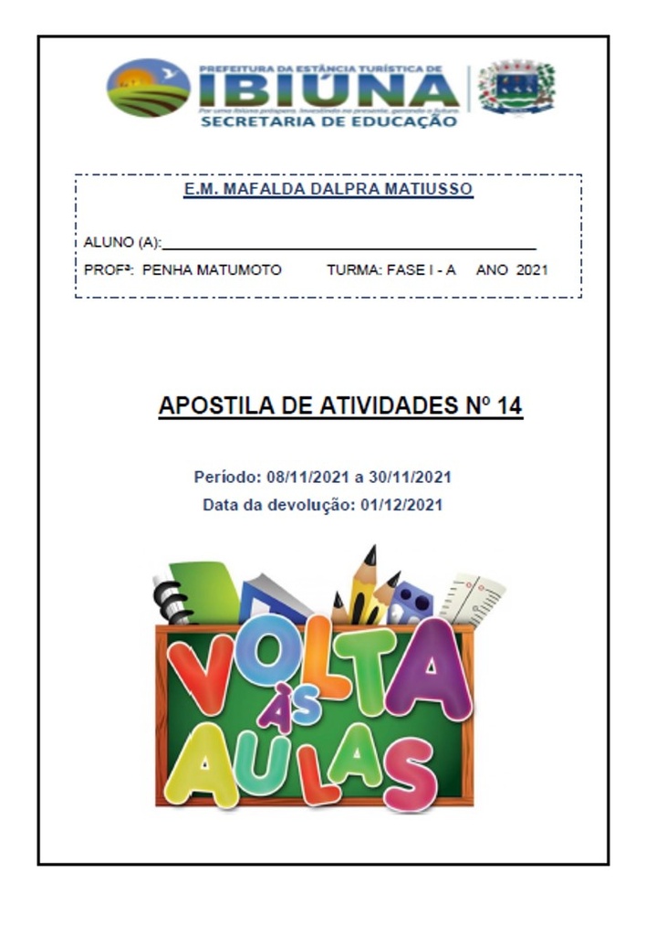 Profª Benedita Penha - Fase I A - 14ª Apostila - 08-11-2021